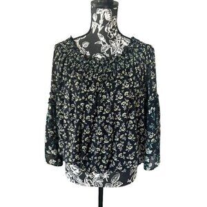Free People Boho Floral Ruffle Top Bell Sleeve Medium black yellow